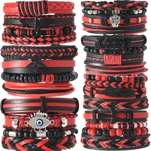 12/24pcs Fashionable Red Black Faux Leather Multi-layer Bracelet Set With Star Charm For Men'S Casual Attire, Parties And All Seasons Random