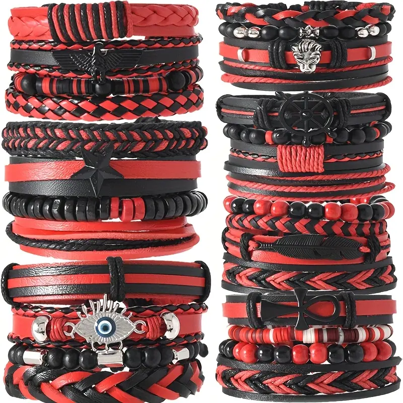 PU Leather Bangle Set, 12pc Random Layered Unisex Bracelets in Black & Red with Star Charms for Daily Wear, Yes, Casual Wear