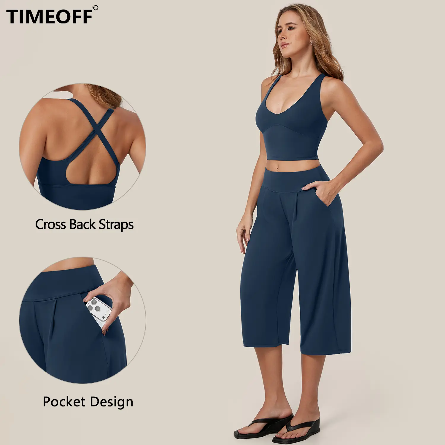TIMEOFF Women's 2 Piece Active Outfit, Crisscross Back V-Neck Crop Sports Bra & High Waist Pocket Culottes, Soft Stretchy Fabric, Convenient Storage for Yoga, Workout & Daily Casual Streetwear