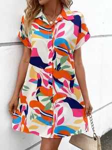 A women's colorful floral print open cardigan shirt collar raglan sleeve high-waisted A-line dress short sleeve shirt dress, suitable for summer, daily casual wer, vacation, dates, and gatherings, Casual Boho Fashion Womenswear, Boho Sundresses