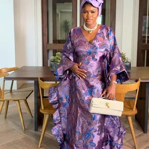 Miss Hadid Damask Women's Casual Dress - Purple Floral Print, V-Neckline, Ruffled Sleeves, Elegant Women's Wear - Womenswear Maxi Vneck