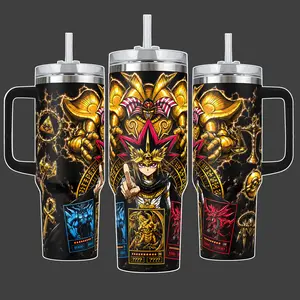 Yu-Gi-Oh Yugi Muto Egyptian God Cards Anime Tumbler Cup, Gold Millennium Puzzle Full Wrap Stainless Steel Insulated Tumbler 20oz/40oz With Straw Lid Included, 40oz Handle Option