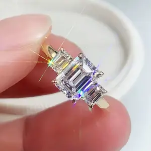 Luxury 18K 925 Sterling Silver 3.6CT Emerald Cut 3-Stone Moissanite Ring (Size 5-9)