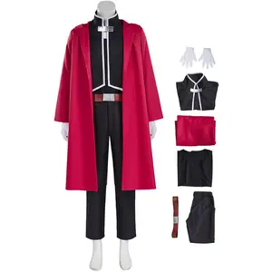 Mens Edward Elric Cosplay Costume Red Suit Fullmetal Alchemist Halloween Outfit Gothic Overcoat Shirt Pants