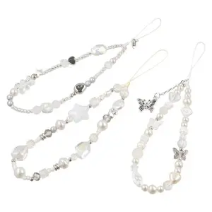 Y2K Silver Cell Phone Strap Clear Star Sweet Girl Phone Lanyard Wrist Strap Pendant Beads Phone Chain Telephone Decor