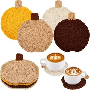 4 Pcs Fall Crochet Coasters Thanksgiving Pumpkin Coaster 4.72" Handmade Woven Pumpkin Drink Cup Mats for Autumn Harvest Gifts Kitchen Table Party Decor (Ginger Yellow,Dark Brown,Khaki,Beige)