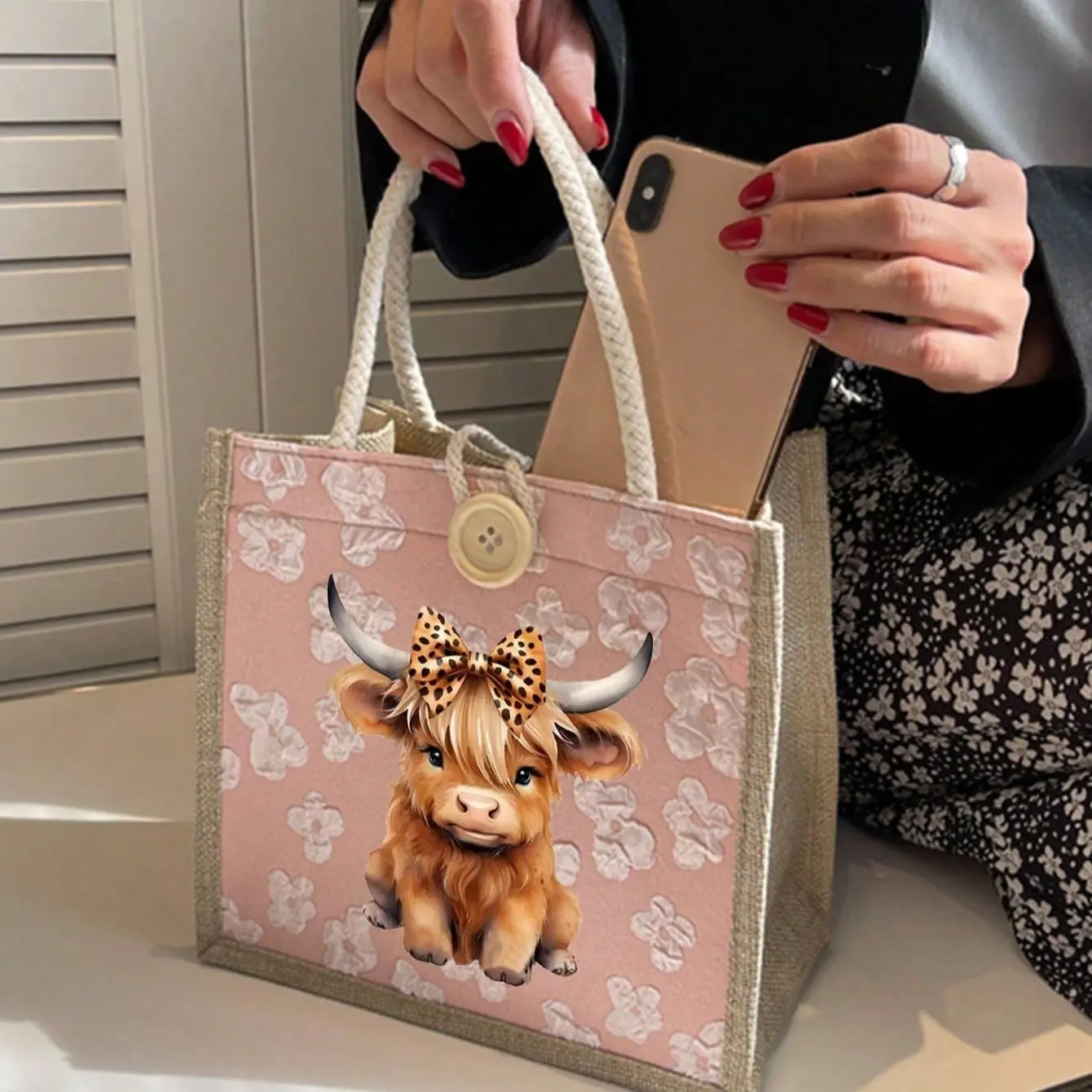 Charming Highland Cow Print Canvas Handbag, Linen Material, Large Capacity, Perfect for Travel, School, Work, Outdoor Activities, Gifts