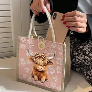 Charming Highland Cow Print Canvas Handbag, Linen Material, Large Capacity, Perfect for Travel, School, Work, Outdoor Activities, Gifts