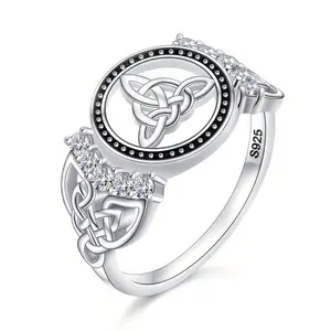S925 Mother's Day Sterling Silver Vintage Celtic Knot Ring with Cubic Zirconia Decorated Victorian Vintage Silver Ring for Women Men, Protection Pagan Jewelry Suitable for Daily Wear