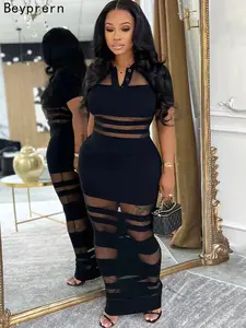 Women’s Striped Sheer Maxi Polo Dress – Lightweight Long Sleeve Layered Dress