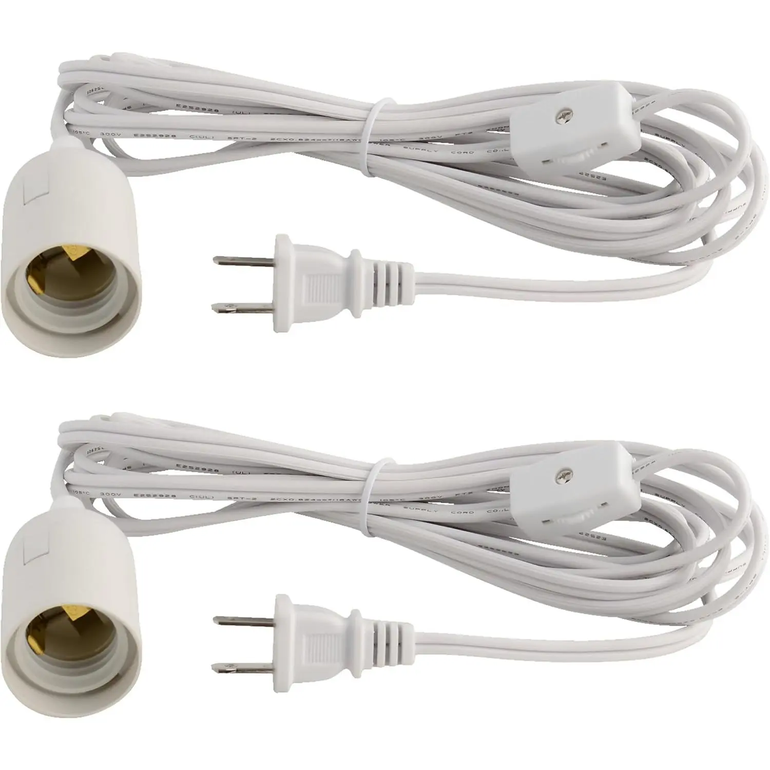 ABI E26 Light Bulb Socket to 2-Prong  AC Power Cord Adapter with On/Off , 12 FT  (2 Pack)