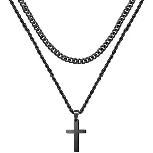Ursteel Layered Cross Necklace for Men - 18K Gold Silver Black Cross Necklaces Chain for Men, Layered Rope Chain Necklace Mens Jewelry 16 18 20 22 24 Inch