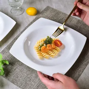 6-Piece Square Fine Bone China Salad Plate Set, for Daily Dinner or Formal Party, Stackable Space-Saving White Ceramic Plates 9.25 Inch with Raised Edge Anti-Spill Design