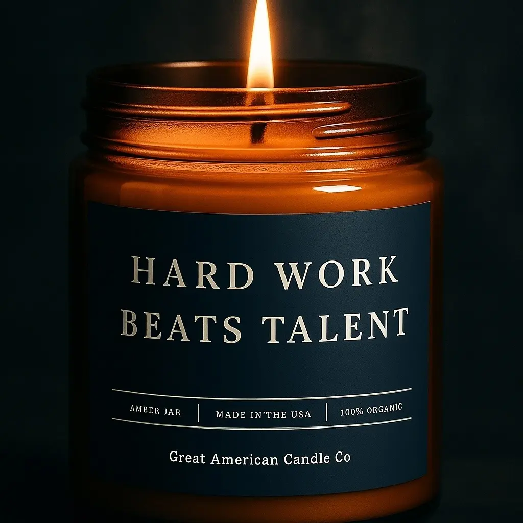 Great American Candle Co. Hard Work Beats Talent Candle Coconut Apricot Blend 4oz & 9oz Hand Poured in USA Amber Jar GoldWax Cotton Wick Decor Ornaments