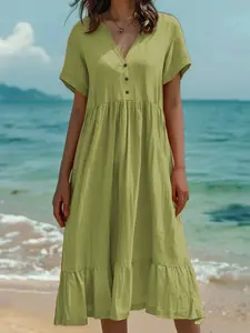 V Neck Button Front Dress for Women, Loose Fit Slimming Cotton Linen Texture, Mid-Length Ruffle Summer Holiday Dress, Conceals Fatigue