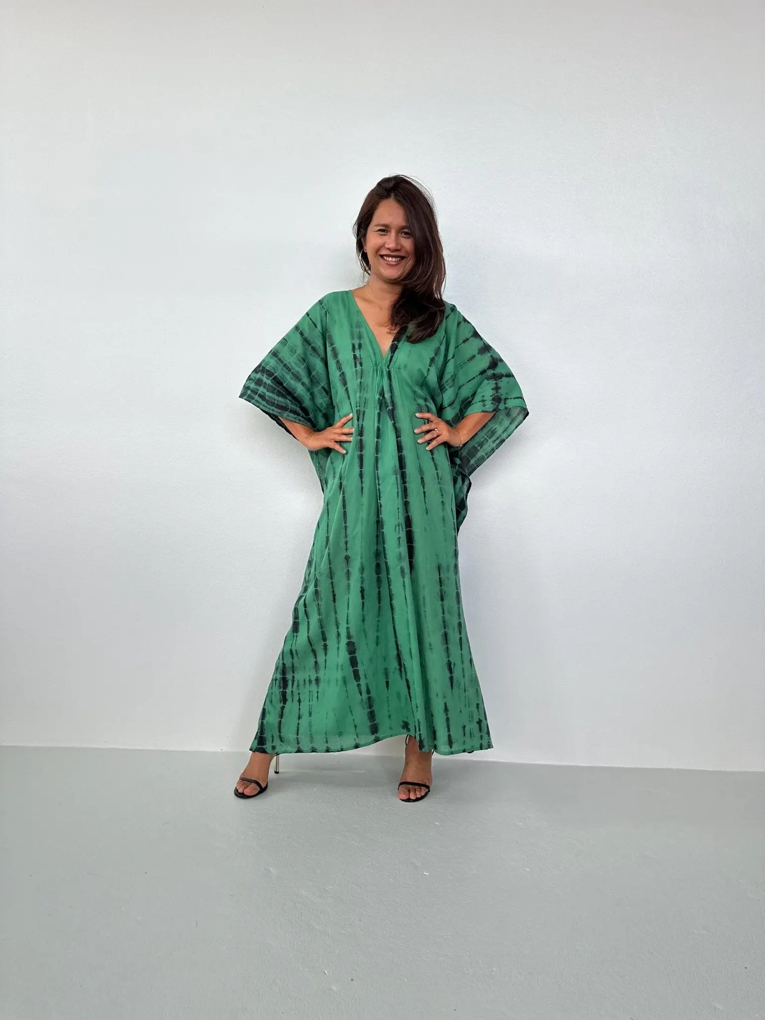 Women's Emerald Tie-Dye Cotton Gauze Lyla Kaftan Slip Dress - 1-Piece Breathable Casual Wear Swimsuit Cover-Up, Simple Style, Flattering for Various Body Types