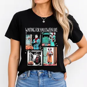 Unisex Halloween Graphic T-Shirt, Funny "Waiting Game" Jack O Lantern Print Tee, 100% Cotton Black Crew Neck Short Sleeve Top, Soft Breathable Fabric, Comfortable Casual Everyday Wear, Spooky Season Streetwear Party Outfit
