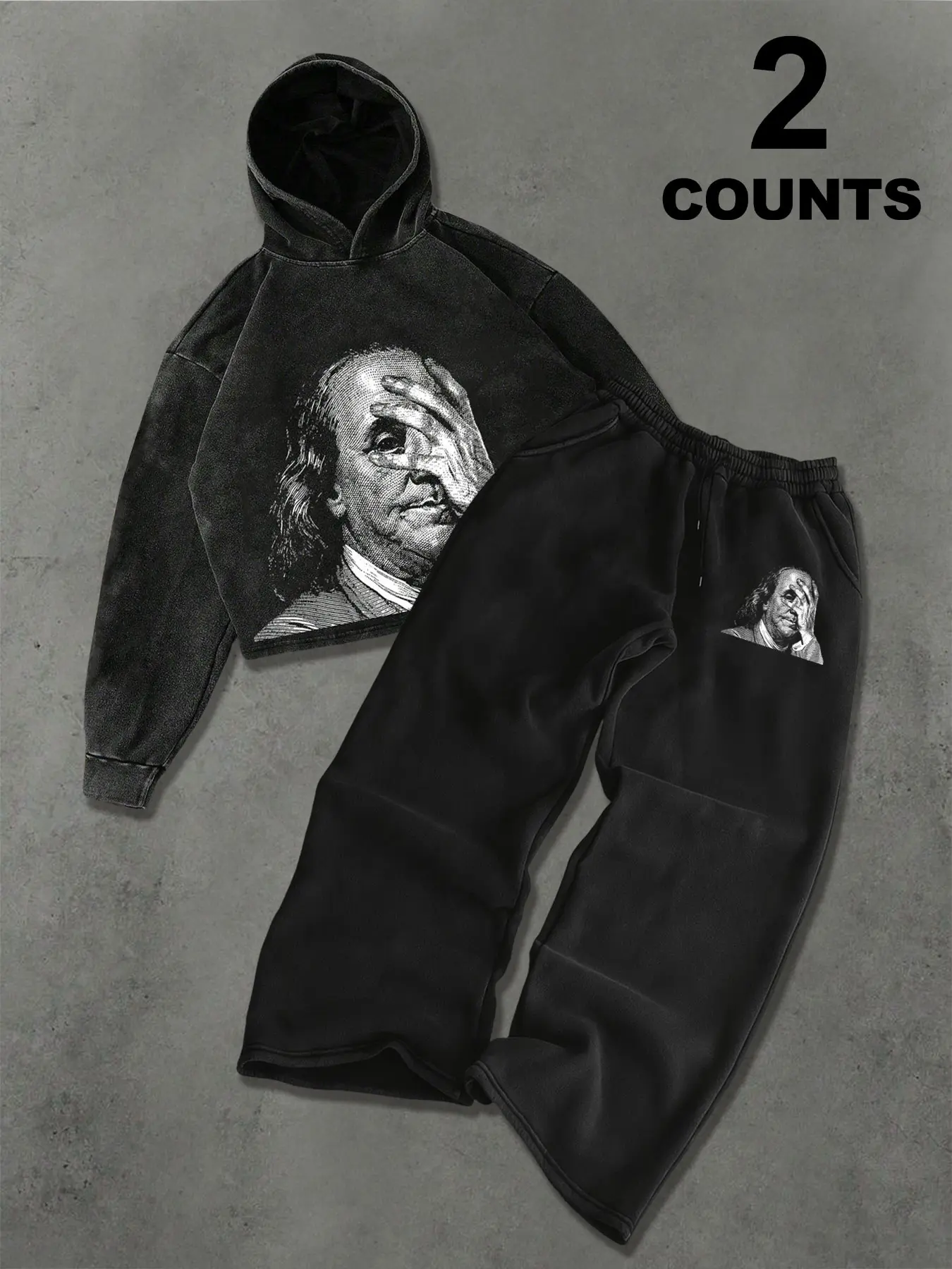 Franklin Funny Print Men's Sweatshirt & Long Pants Set, Pure Cotton Vintage Washed, Fun Portrait Design, Oversized Two-Piece Gothic Style