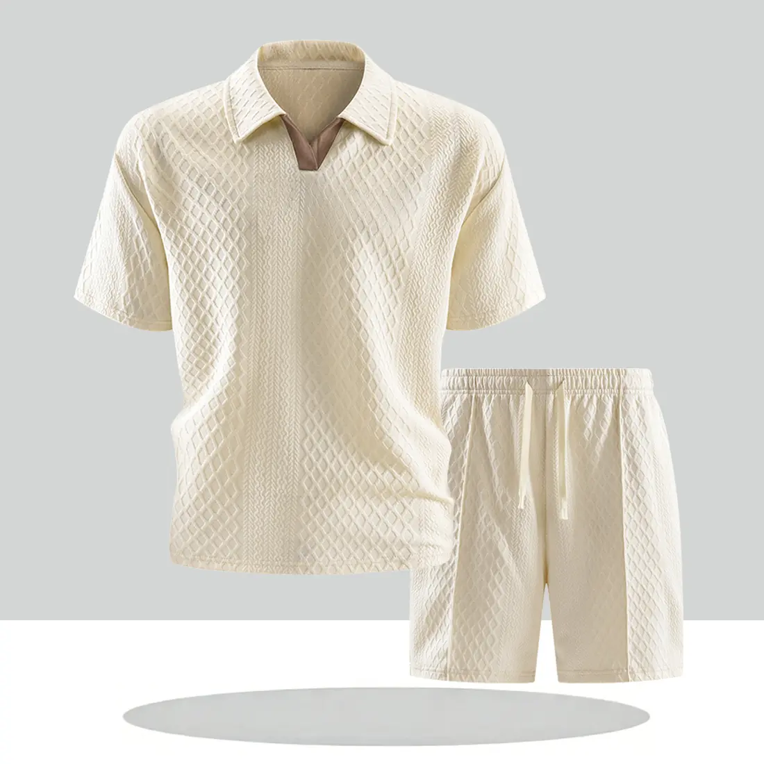 Men’s color-block V-neck short-sleeve T-shirt + drawstring elastic-waist shorts set