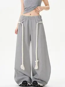 Women's New Autumn Winter Vintage Drawstring Elastic Waist Pocket Sport Pants, Wide Leg Straight Leg Casual Sweatpants, Casual Sporty Trousers, Drawstring Waist Athleisure