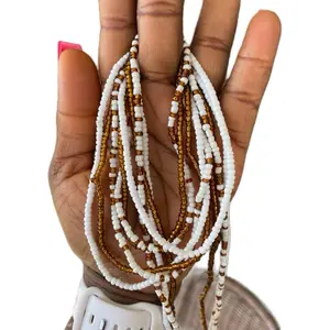 Waist Beads Set-  Handcrafted with a Variety of Designs – African Waist Beads, Body Jewelry – Tie-On (45″–50″) – Add to Cart, Buy Now – Price Per 3 Waist Beads.  3 Pc Waist Beads Set, Brown & White