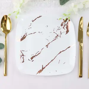 10-Pack Plastic Square Dessert Plates 8" White with Rose Gold Marble Design - Disposable Appetizer Salad Party Plates