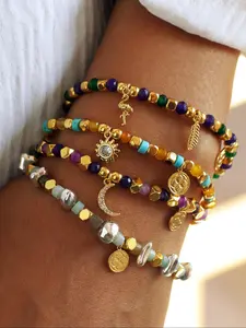 Women's Elegant Feather & Sun & Moon Design Beaded Bracelet, Exquisite Trendy Bracelet, Fashionable Jewelry for Women & Girls for Daily & Party Decor, Trendy Stack Bangle, Double Layered Bracelets, Boho Style Bracelet