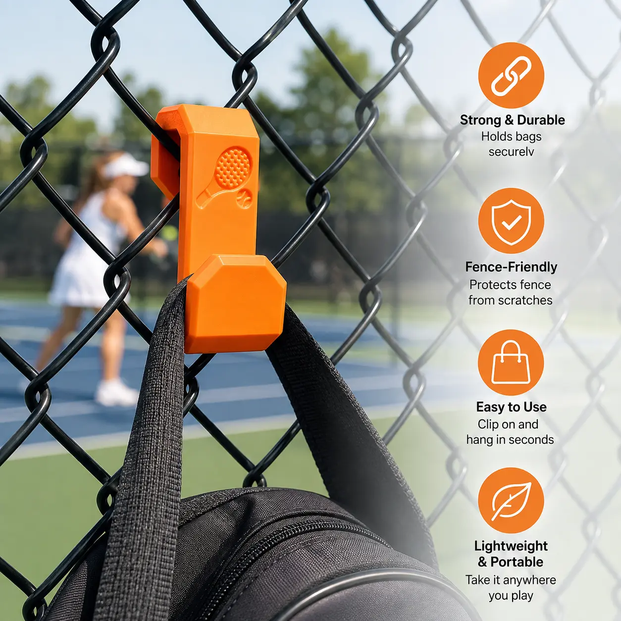 1 Count, Tennis Court Chain Link Fence Hook, Custom Engraved Name With Racket Pattern Hanger for Hanging Sports Bags Water Bottles Outdoor Tennis Accessory