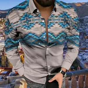 Men's fashion  leisure lapel button  Aztec national printing long sleeve  men's club cardigan Jeans Top shirt Casual Blazer Classic Menswear