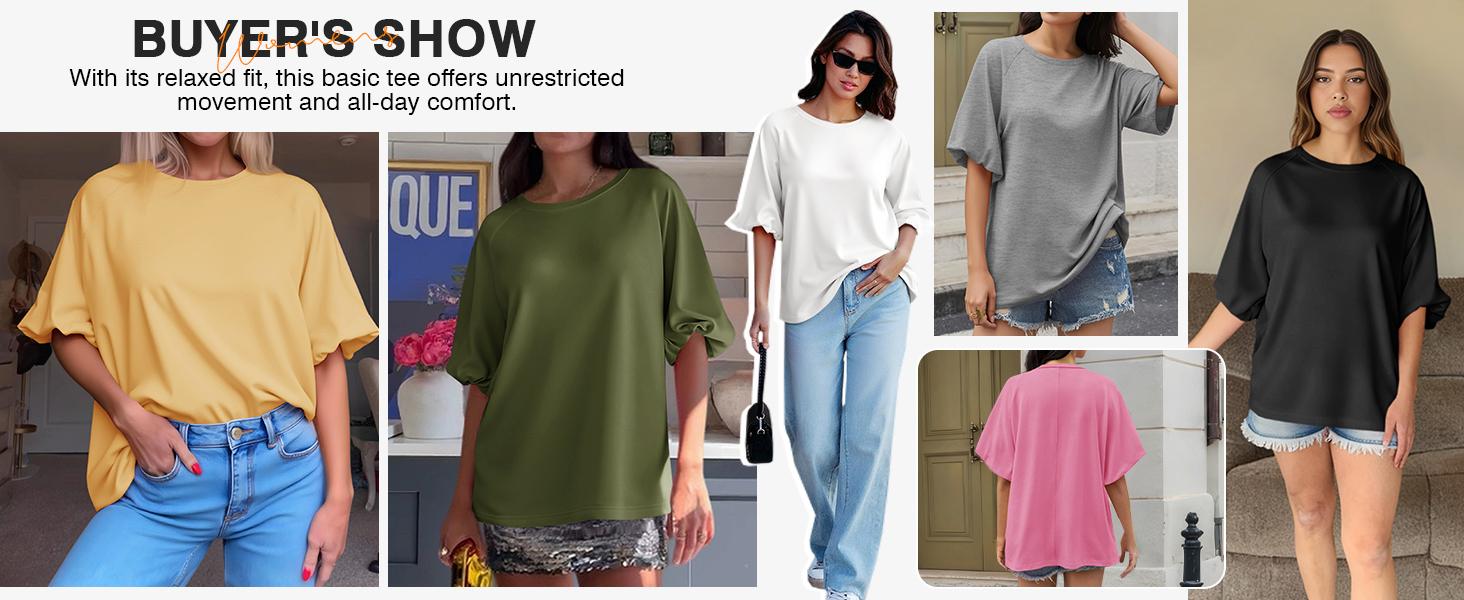Tankaneo Womens Oversized Puff Short Sleeve T Shirt Summer Casual Crew Neck Tunic Tops Loose Fit Basic Tees