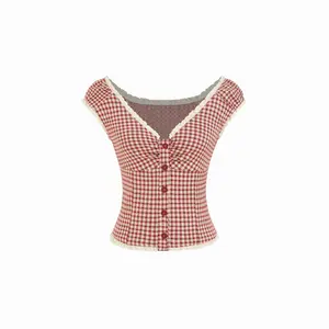 Cider Jacquard Gingham Sweetheart Raglan Sleeve Ruched Top
