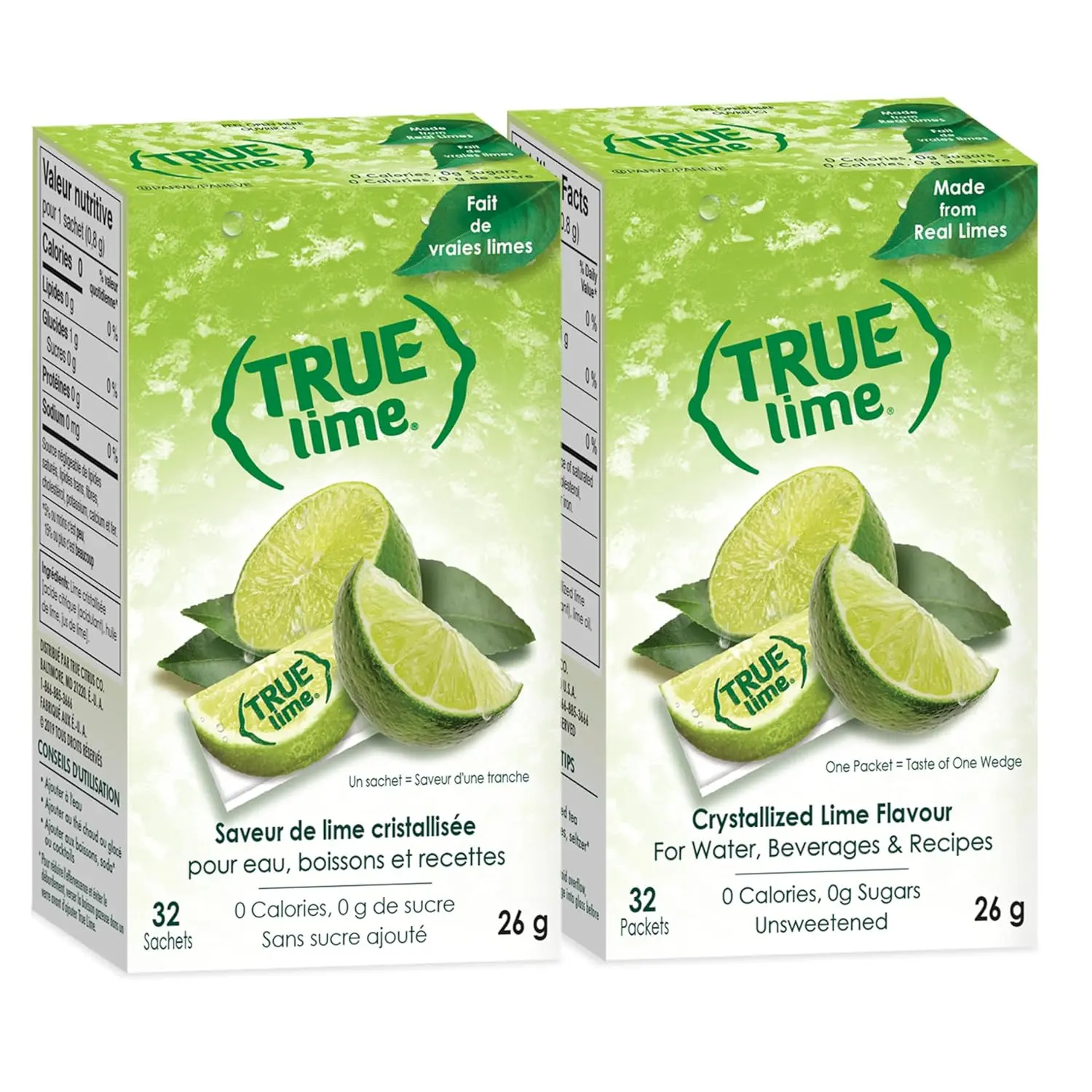 True Lime, Unsweetened Crystallized Lime (Pack of 2 Boxes, Total 64 Individual Packets)