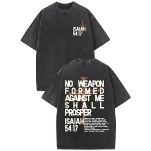No Weapon Formed Against Me Shall Prosper Isaiah 54:17 Christian T-Shirt Oversized Jesus Tee Religious Streetwear Gym Shirt Easter Christian Apparel for Men Women Faith Based Washed Vintage Tshirt Bible Verse Christian Gift Round Neck Casual Crewneck Top