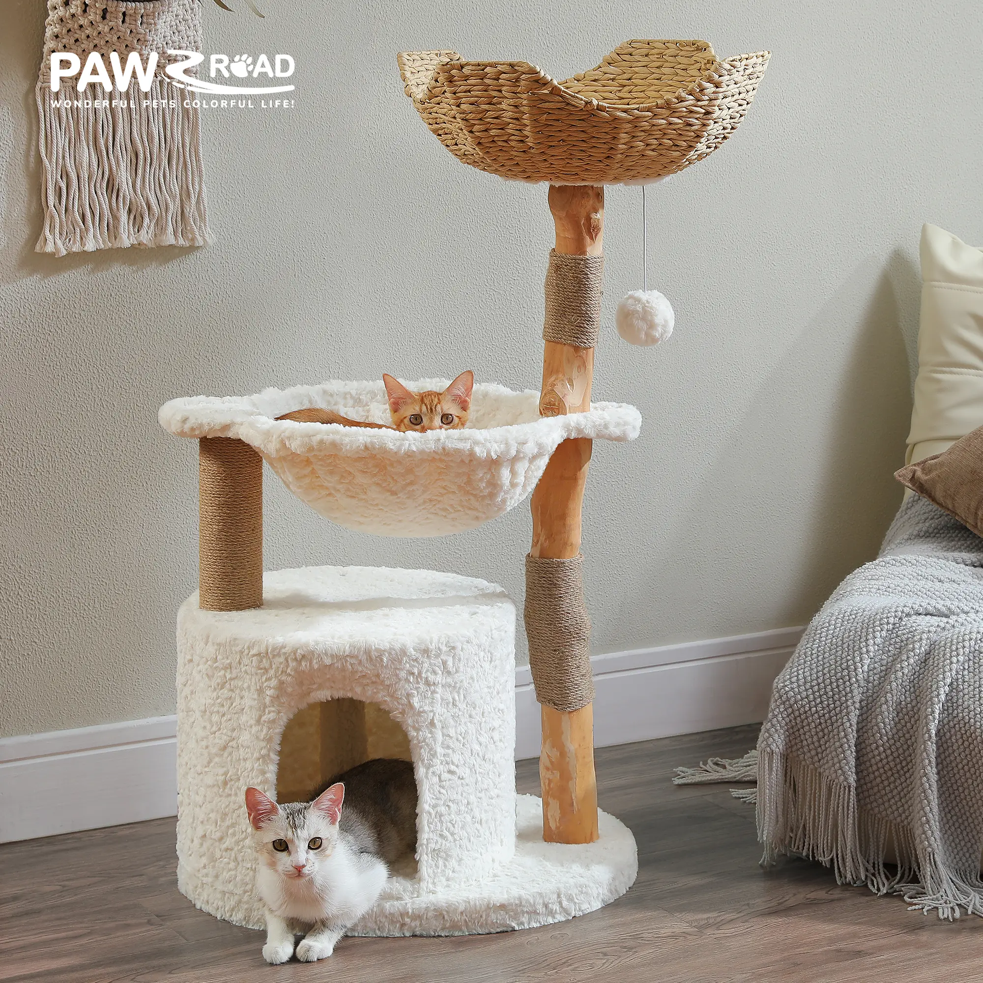 PAWZ Road 38-Inch Modern Wood Cat Tree for Large Cats, Luxury Wood Cat Tower with Large Wicker Basket, Spacious Condo and Deep Hammock, Aesthetic Cat Tree House for Indoor Cats, White#DealsForYouDays