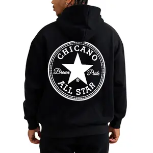 Chicano All Star Brown Pride Vintage Graphic Tee Unisex Hoodie Medium Heavy Polyester Sweatshirt Loose Fit Urban Casual Tops Pullover Black