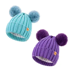 2PC Knit Beanie for Women  Double Pom Winter Hat  Warm Fleece Lined Snow Cuff Cap