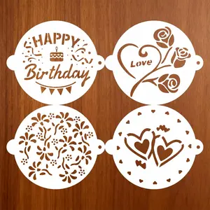 Cake Stencils Set 4 Templates - Happy Birthday, Love, Hearts, Floral - Reusable Laser-Cut for Fondant Buttercream Painting, Baking & DIY Decor (Art Deco) (4 Styles)