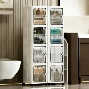 Narrow Slim Storage Cabinet Foldable No Installation Magnetic Closure Door Universal Wheels Mobile Multilayer Dustproof Waterproof for Bathroom Kitchen Bedroom