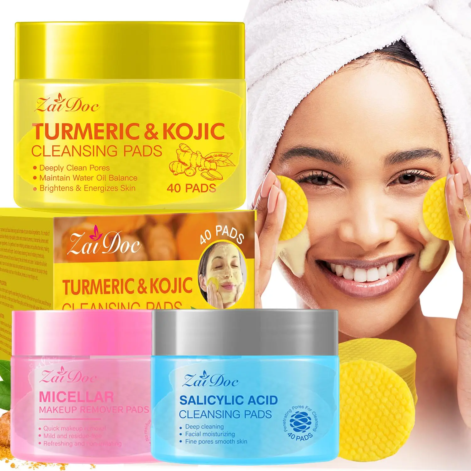 Turmeric & Kojic Cleansing Pads 40-Count (150ml) - Deep Pore Clean, Oil Balance, Acne-Fight - Brightening for Sensitive Skin