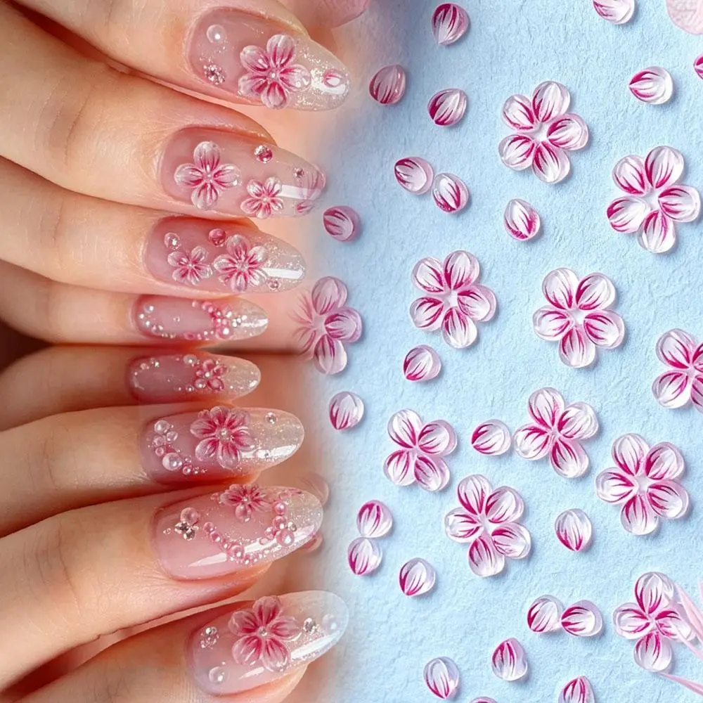 100Pcs Ice-Transparent Cherry Blossom Flower Nail Charms Resin Five-petal Flower Nail Art Decoration DIY Sweet Floret Nail Parts
