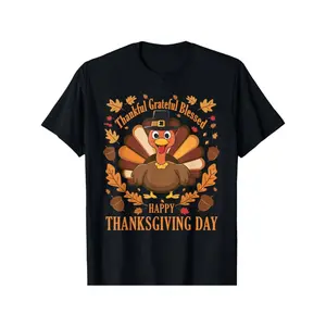 Men's & Women's Thanksgiving Turkey T-Shirt - Thankful Grateful Blessed Short Sleeve Shirt with Turkey & Autumn Leaves Design, Casual Round Neck Top for Happy Thanksgiving Day, graphic tee 90s graphic tees men's t shirts funny graphic tee