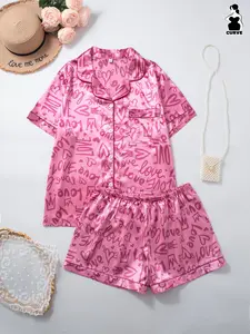 Women's Plus Size Sleepwear Set, Collared Short Sleeve Top and Shorts, Graffiti Print, Polyester Silk Fabric, Soft and Smooth, Home Wear