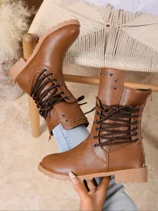 Women's Fashionable Solid Color Side Zip Knee Boots, Elegant Square Toe High Heel Boots for Daily Wear, Female All-match Trend Shoes for Fall & Winter Rubber Walking Shoes