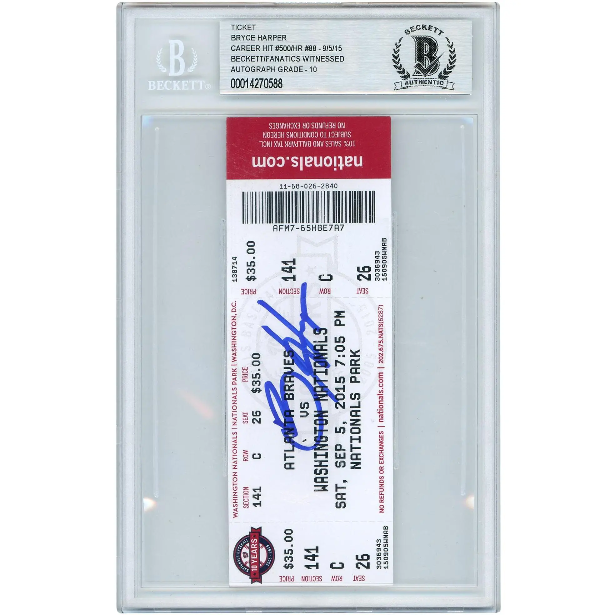 Bryce Harper Washington Nationals Autographed 500th Career Hit and 88th Career Home Run Game Ticket - Beckett/Fanatics Graded 10 - Fanatics Authentic Certified