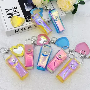 Holographic Chapstick Holder Keychain with Mirror, Cute Minimalist Lipstick Pouch Lip Balm Organizer, Portable Mini Bag Charm Travel Makeup Accessory Gift for Women Girls