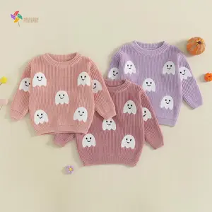 Halloween Kids Girls Knit Sweater Long Sleeve O Neck Ghost Embroidery Pullover Knitwear