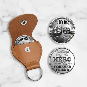 Father's Day Gift for Dad from Son Personalized To My Dad Pocket Hug, Custom Fist Bump Metal Coin Leather Keychain with Kids Name, Hero Dad Keepsake Token Unique Birthday Aniversary Gift for Him
