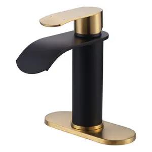 WOWOW Waterfall Bathroom Faucet, Black and Gold Bathroom Sink Faucet for 1 Hole or 3 Holes, Single Handle Vanity Faucet with Metal Pop up Drain