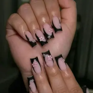 10pcs 3D Mini Pink Flower Nail Stickers, Square Medium Length Black French Minimalist Style, Y2K Soft Girl Cute Floral Handmade Nail Stickers, Suitable For Daily Wear, Press-On Fake Nails, Nail Art Supplies Handmade Press On Nails, Nail Art Design
