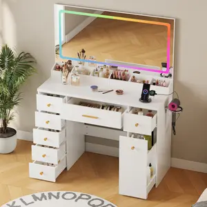 58'' Tall Makeup Vanity Desk with Colorful Lighting Mirror, 7 Drawers& Rolling Cart, Large Makeup Table with Outlet, Hair Dryer Holder for Bedroom, Living room, Perfect Gift for Wife, Daughter, Girlfriend, Birthday